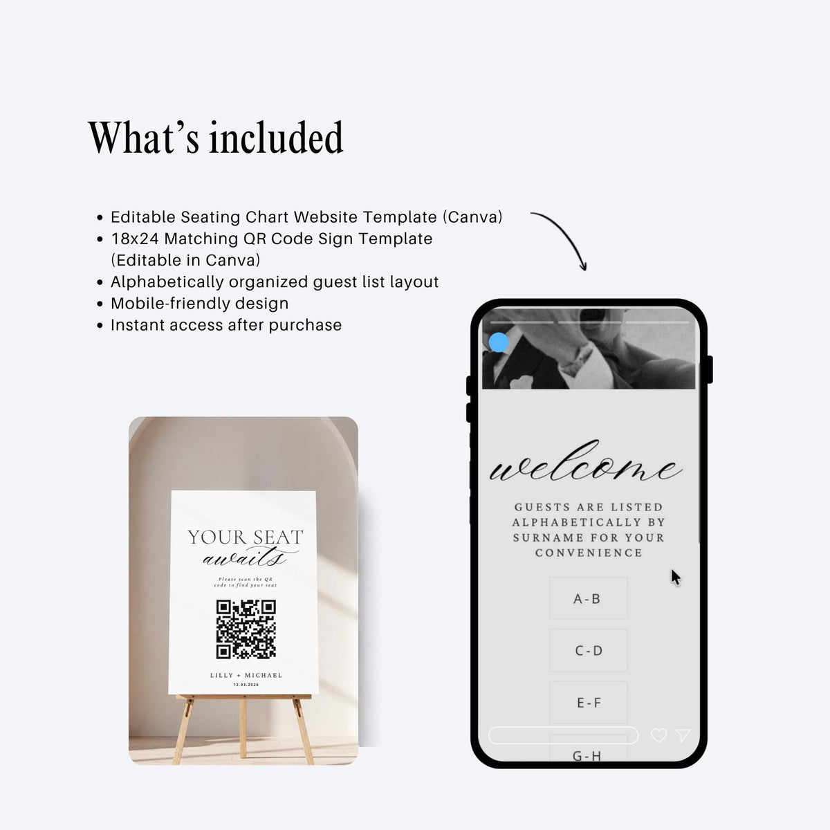 Seating Chart with QR Code Sign Template, Editable Wedding Alphabetical Guest Seating Website, Minimalist Find Your Seat Sign