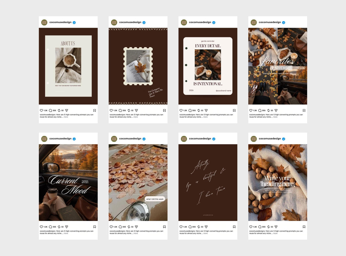 Autumn Instagram Templates | Cozy Lifestyle Canva Posts | Brown Aesthetic Social Media Templates