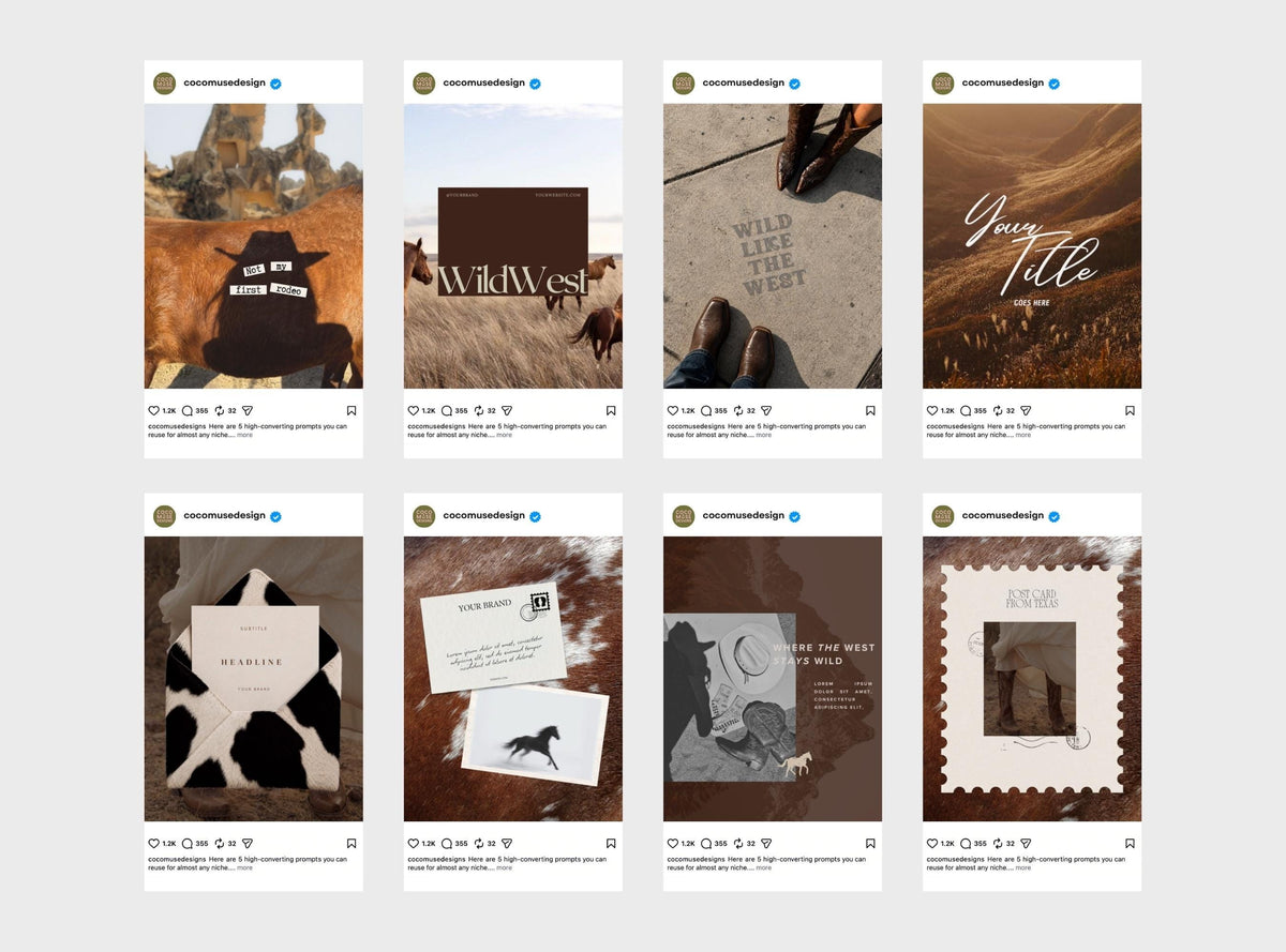 Cowboy Instagram Templates | Western Canva Social Media Templates | Ranch Branding | Rustic Brown Posts