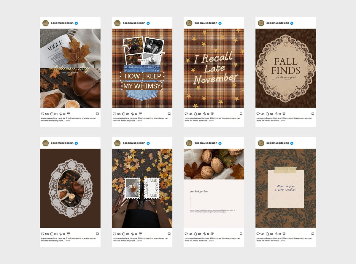 Instagram Templates Fall Aesthetic, 23 Editable Canva Instagram Post Template Bundle, Cozy Autumn Content for Small Business