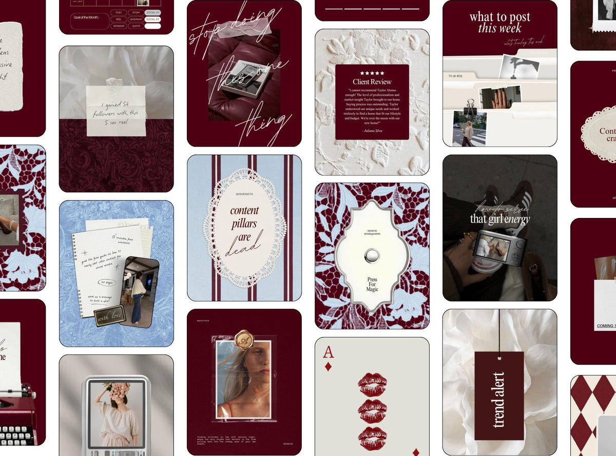 Dark Romantic Instagram Templates Canva | Dark Feminine Social Media Templates | Burgundy Instagram Posts | Vintage Editorial