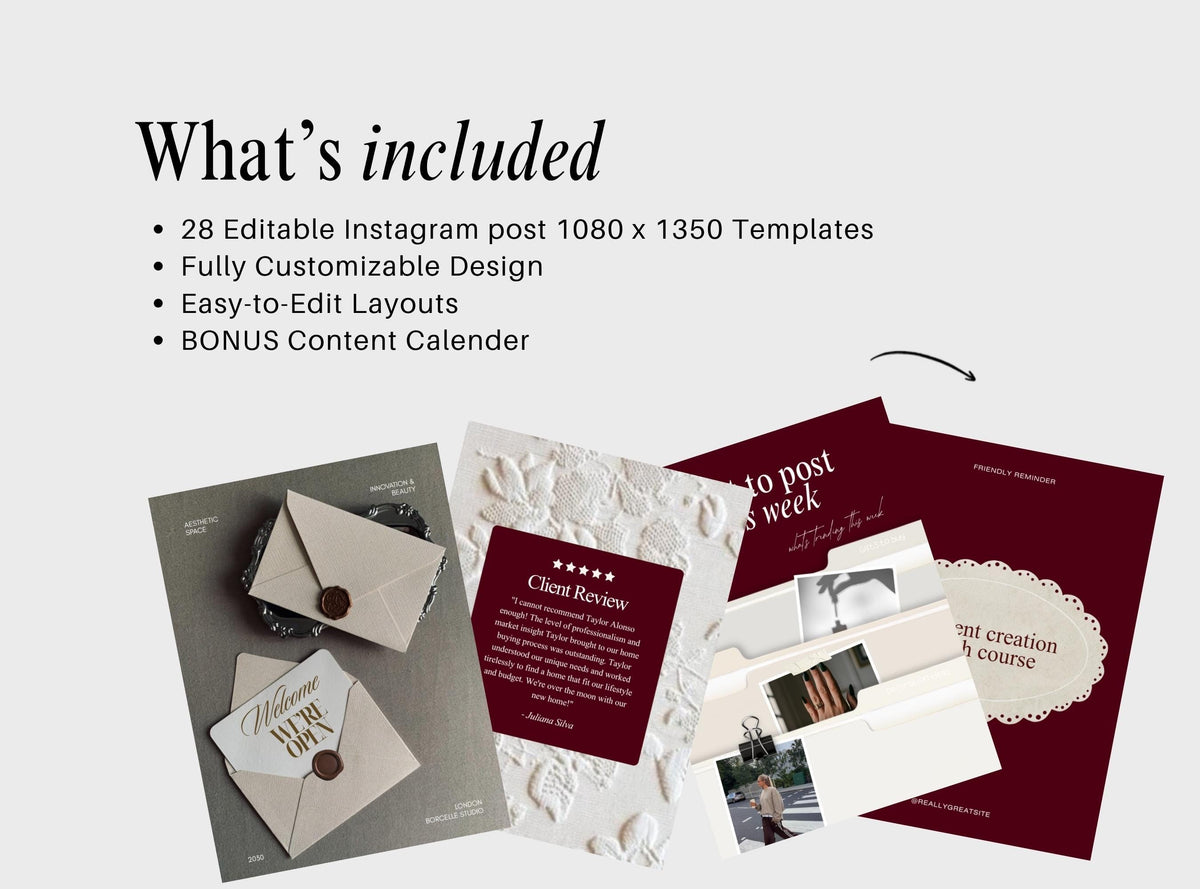 Editable Instagram Templates Canva | aesthetic templates Content Pack | 28 Social Media Post Templates | Burgundy Luxury Aesthetic Instagram