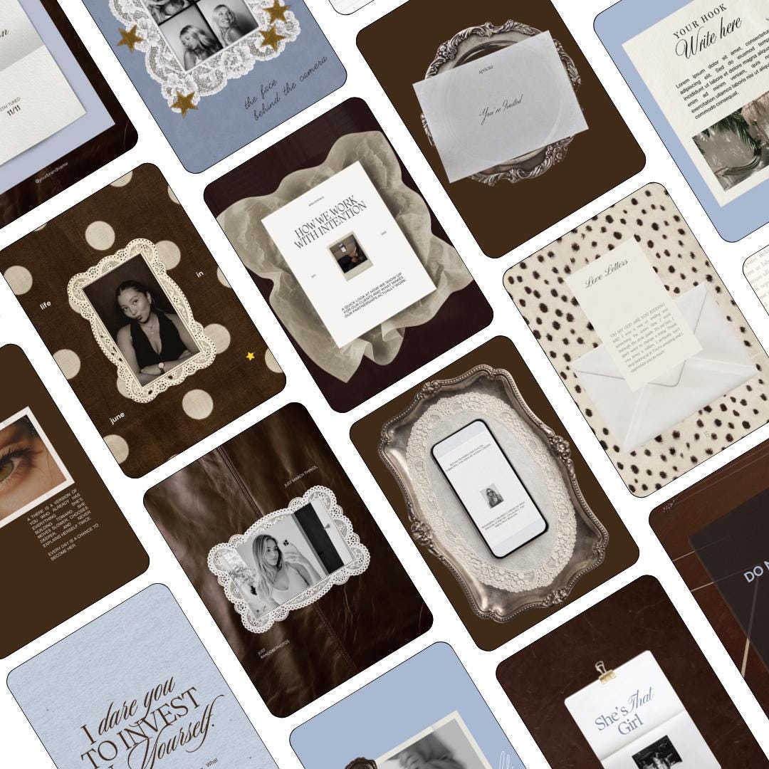 Content Creator Instagram Templates, Coquette Aesthetic Canva Post Templates, Vintage Brown Lace Scrapbook Feed Kit for Influencers, 20 Pack