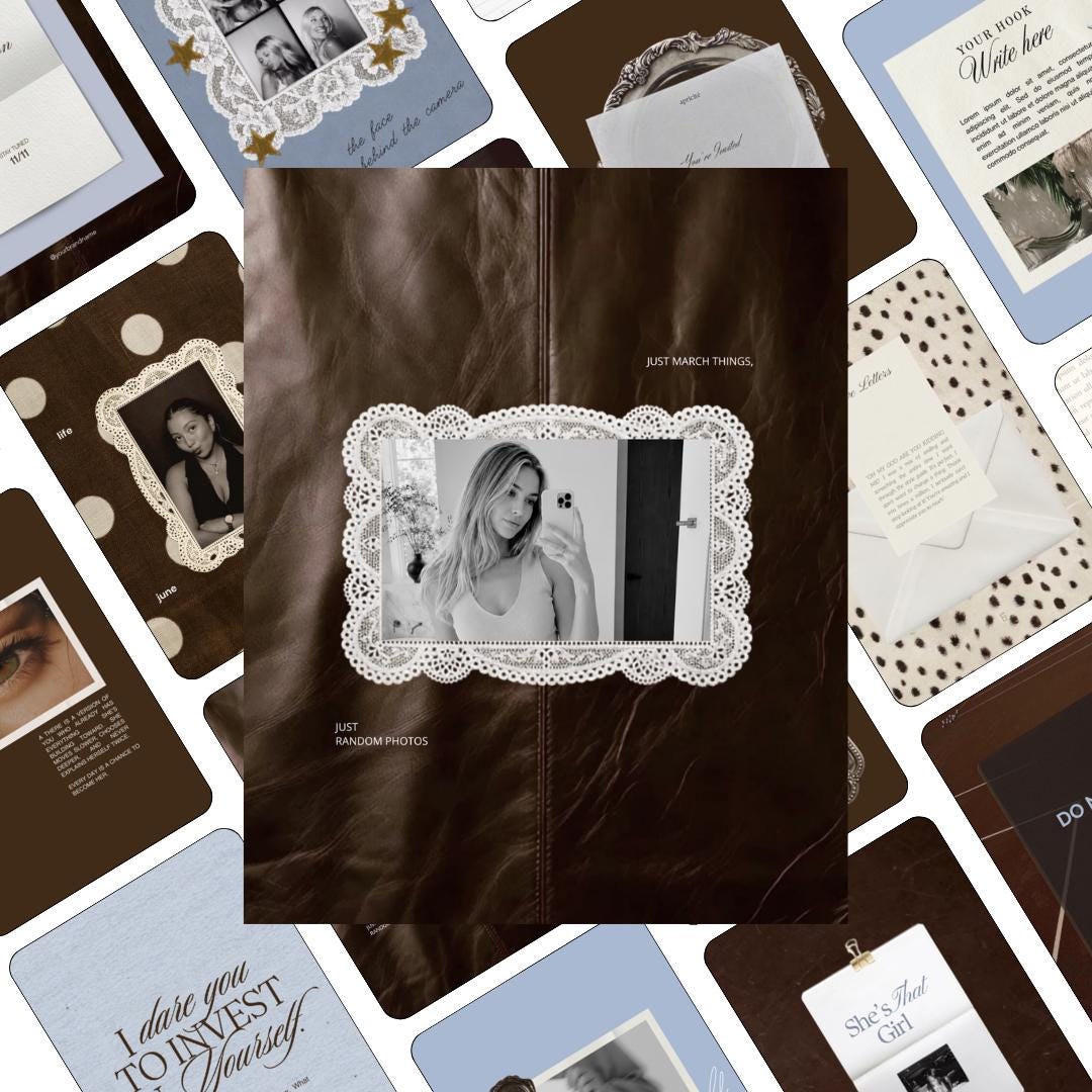 Content Creator Instagram Templates, Coquette Aesthetic Canva Post Templates, Vintage Brown Lace Scrapbook Feed Kit for Influencers, 20 Pack