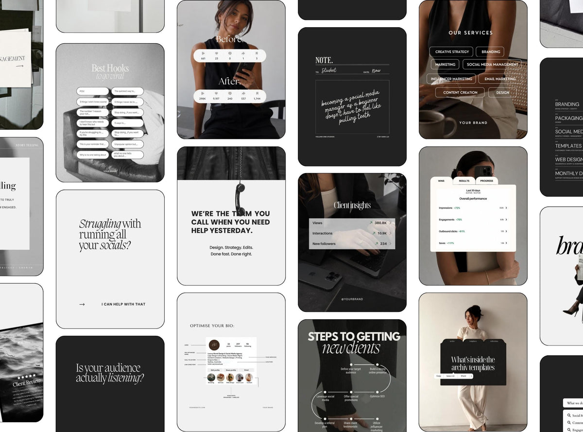 20 Canva Instagram Post Templates | Black and White SMM Social Media Templates for Small Business Owners