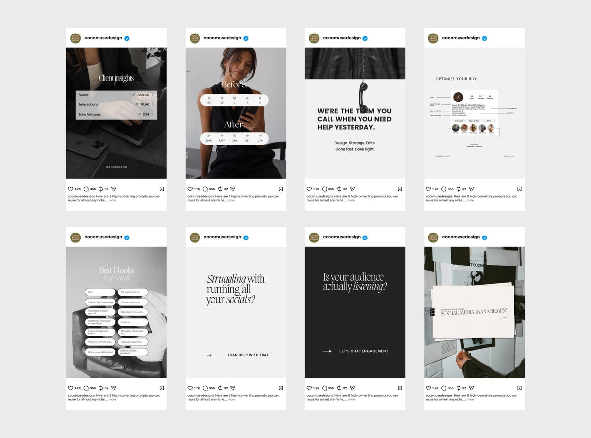 20 Canva Instagram Post Templates | Black and White SMM Social Media Templates for Small Business Owners