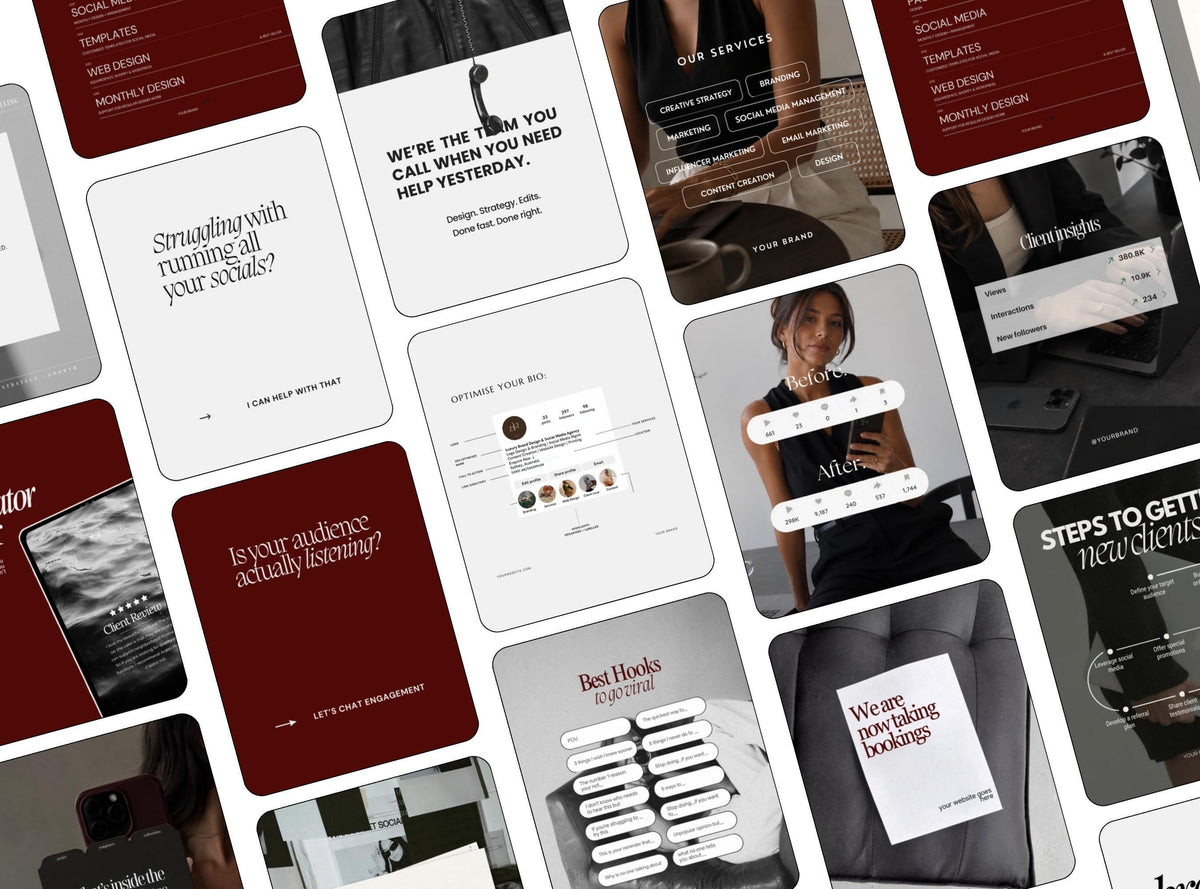 Burgundy SMM Instagram Templates | 20 Editable Canva Social Media Post Templates for Small Business