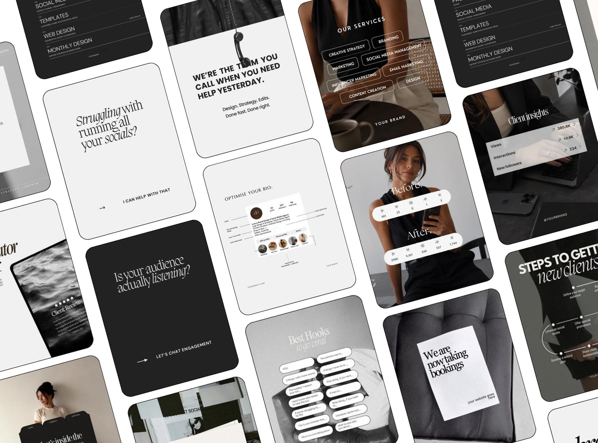 Black and White SMM Instagram Templates | 20 Editable Canva Social Media Post Templates for Small Business