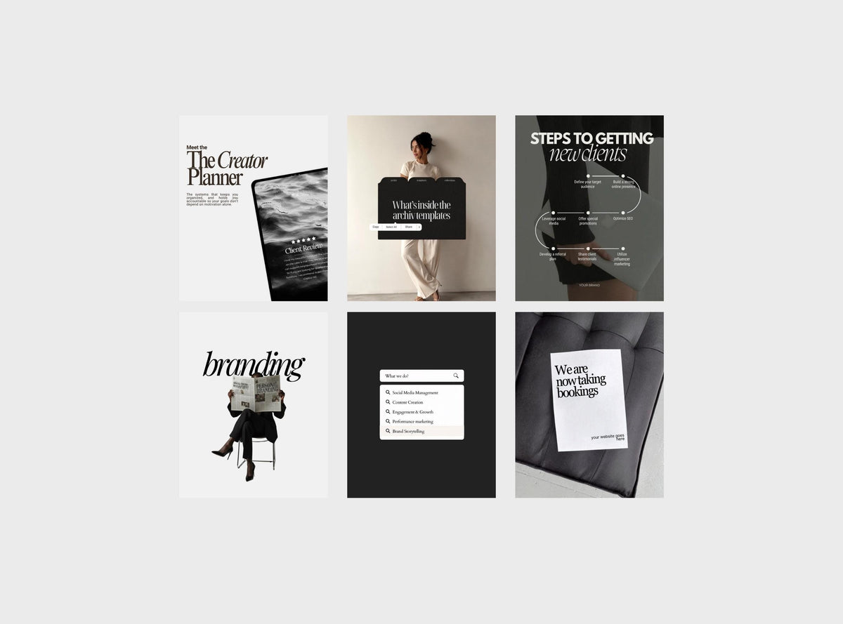 Black and White SMM Instagram Templates | 20 Editable Canva Social Media Post Templates for Small Business