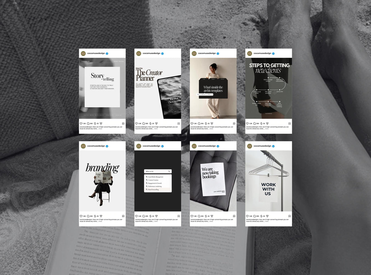 Black and White SMM Instagram Templates | 20 Editable Canva Social Media Post Templates for Small Business