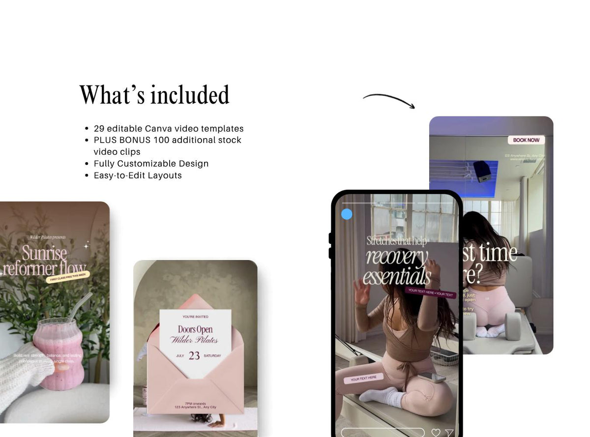 Viral Pilates Reel Templates| Studio & Instructor Social Media (Canva) Pink, Yellow  | Instagram Reels for iOS | TikTok Vlog Video Templates