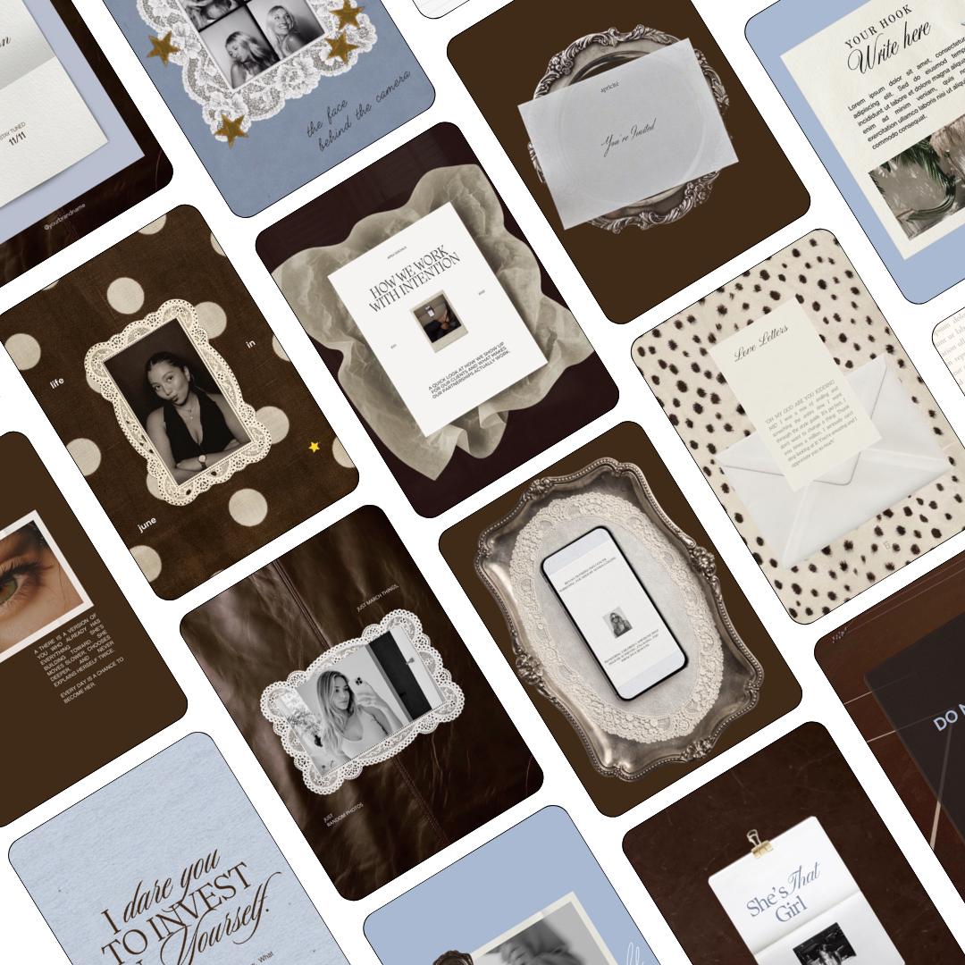 Content Creator Instagram Templates, Coquette Aesthetic Canva Post Templates, Vintage Brown Lace Scrapbook Feed Kit for Influencers, 20 Pack