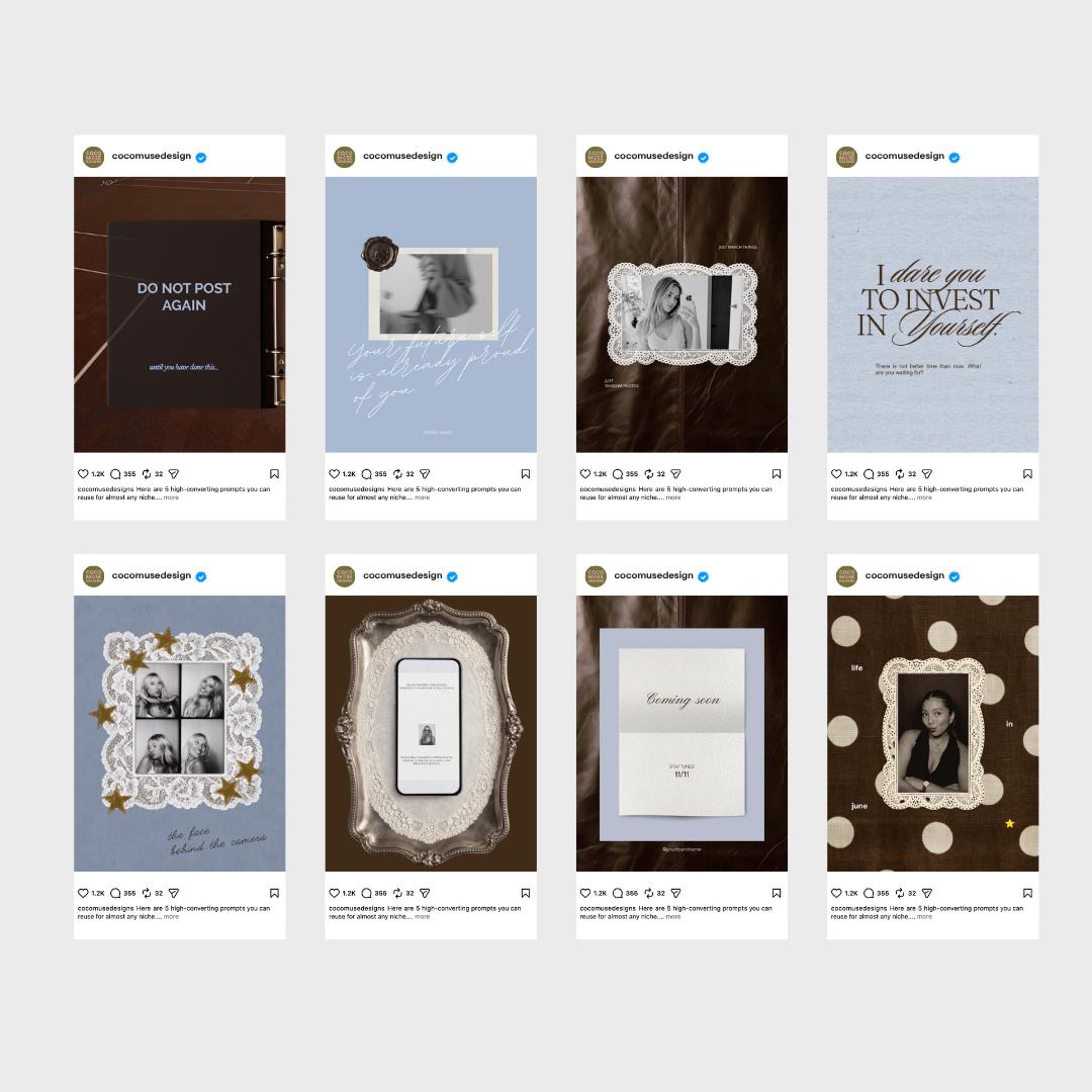 Content Creator Instagram Templates, Coquette Aesthetic Canva Post Templates, Vintage Brown Lace Scrapbook Feed Kit for Influencers, 20 Pack