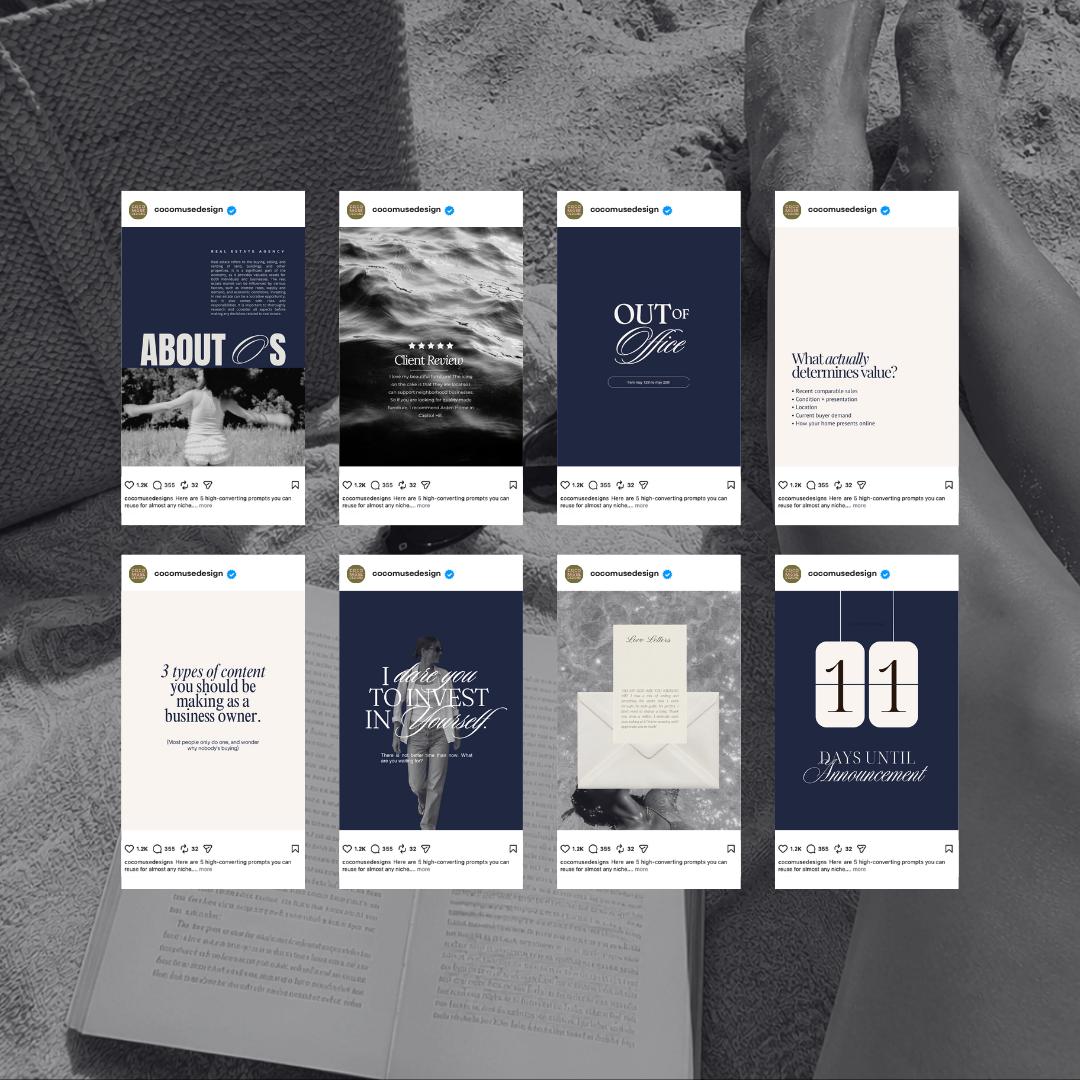 Aesthetic Dark Blue Instagram Templates Canva, Pinterest Inspired Social Media Post Templates, Bold Content Creator Kit, Modern Feed Designs