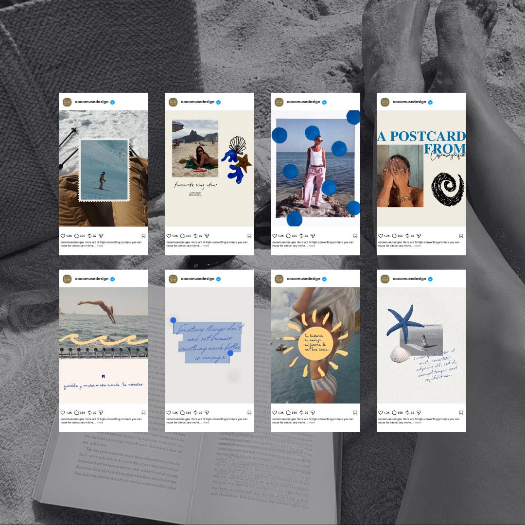 Coastal Summer Instagram Templates, Canva Social Media Kit (20 Editable Posts)