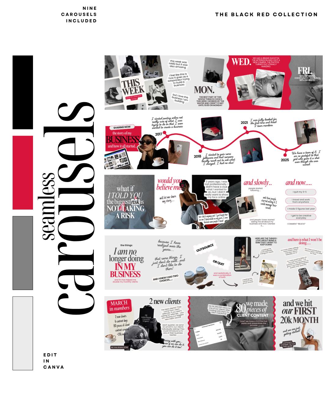 Seamless Instagram Carousel Post Templates - Social Media Manager Templates - Seamless Carousels - Portrait Instagram Posts - Red Black