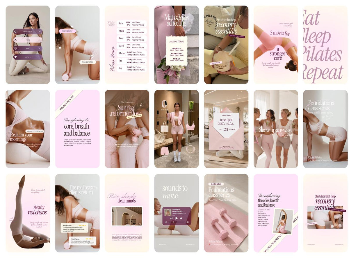 Pilates Instagram Story Templates | Studio & Instructor Social Media (Canva) Pink, Yellow