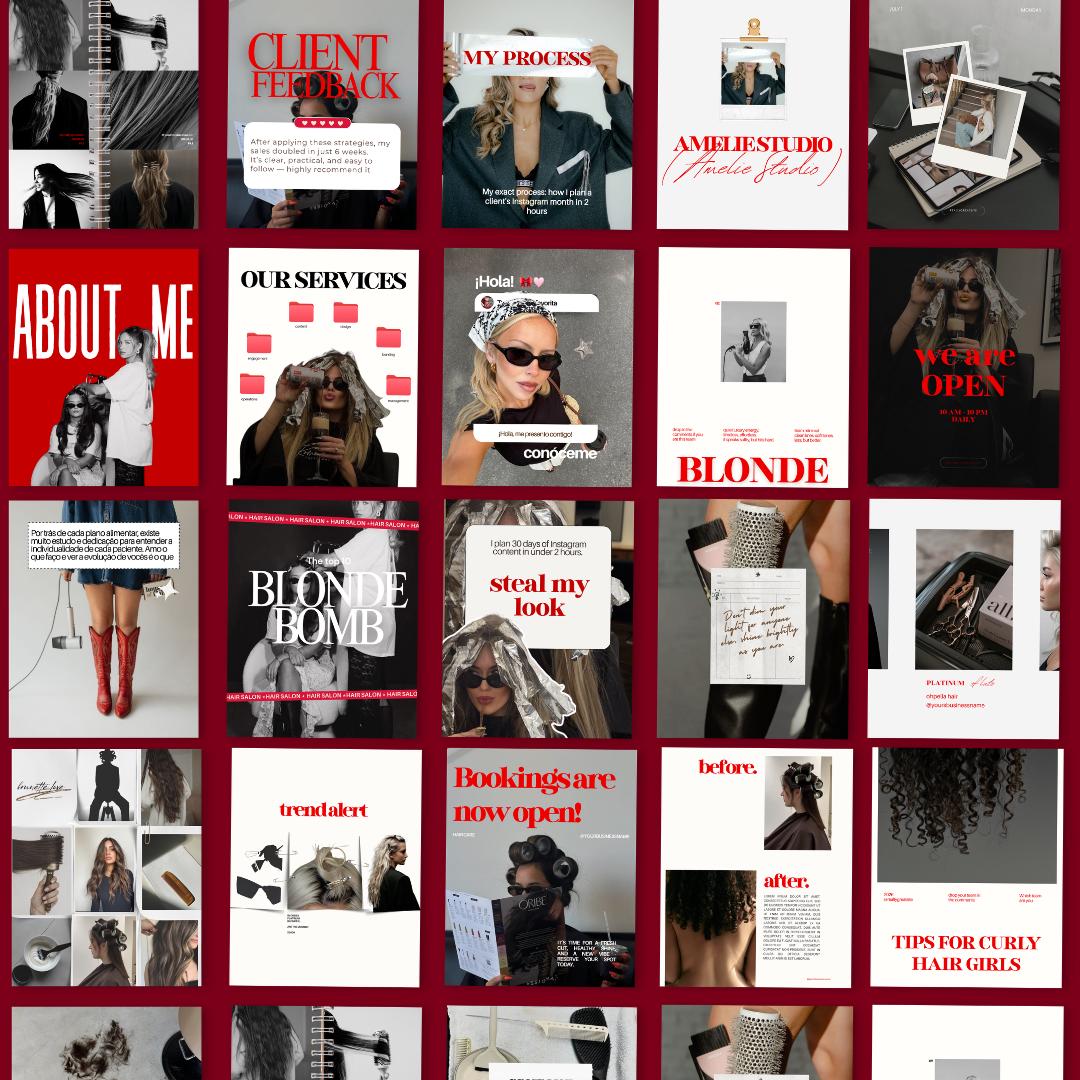 Hair Stylist Instagram Templates Canva | Red Black White Hair Salon Social Media Posts | Hairdresser Canva Template | Hair Extensions