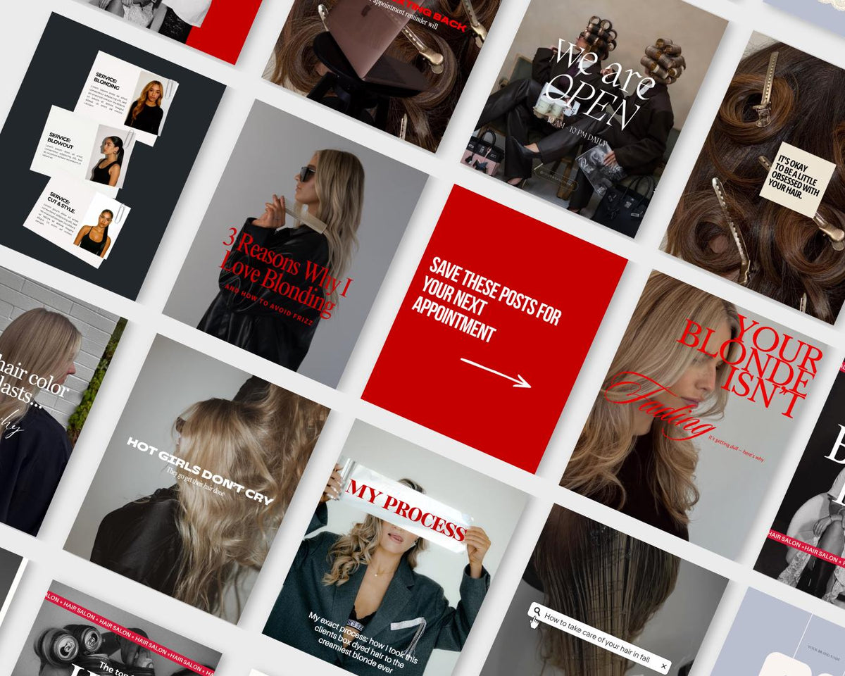 Hair Stylist Instagram Templates Canva | Red Black White Hair Salon Social Media Posts | Hairdresser Canva Template | Hair Extensions