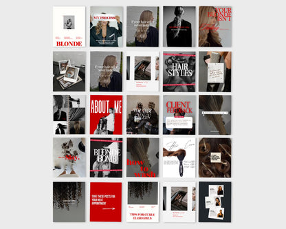 Hair Stylist Instagram Templates Canva | Red Black White Hair Salon Social Media Posts | Hairdresser Canva Template | Hair Extensions