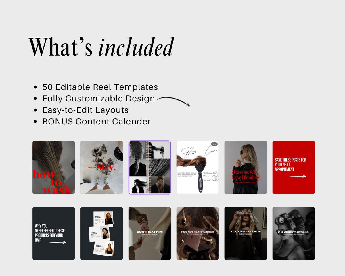 Hair Stylist Instagram Templates Canva | Red Black White Hair Salon Social Media Posts | Hairdresser Canva Template | Hair Extensions