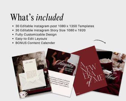 Burgendy Canva Instagram Templates | 60 Posts & Stories| Dark Red | Editable Social Media for Business Owners Aesthetic
