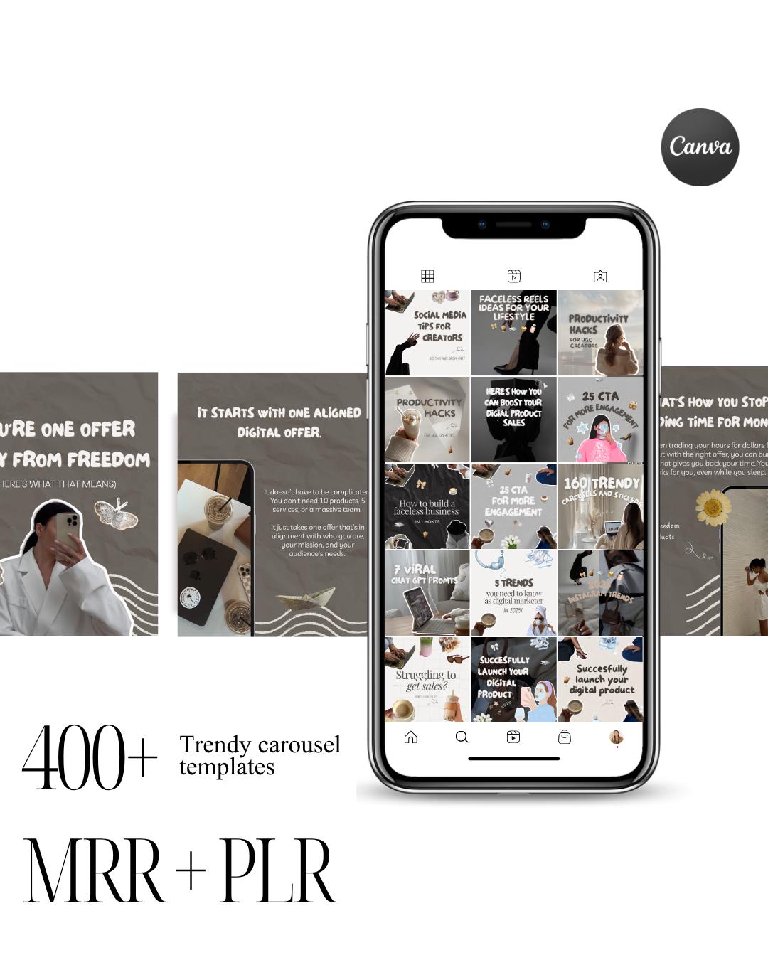 400+ Faceless Instagram Carousel Templates | Aesthetic Canva Social Media Kit | TikTok & IG Slides | PLR MRR Digital Product