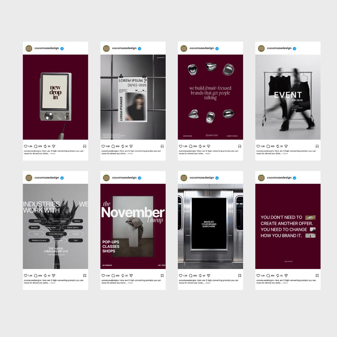 Editorial Instagram Templates, Luxury, Burgundy (20 Editable Canva Posts)