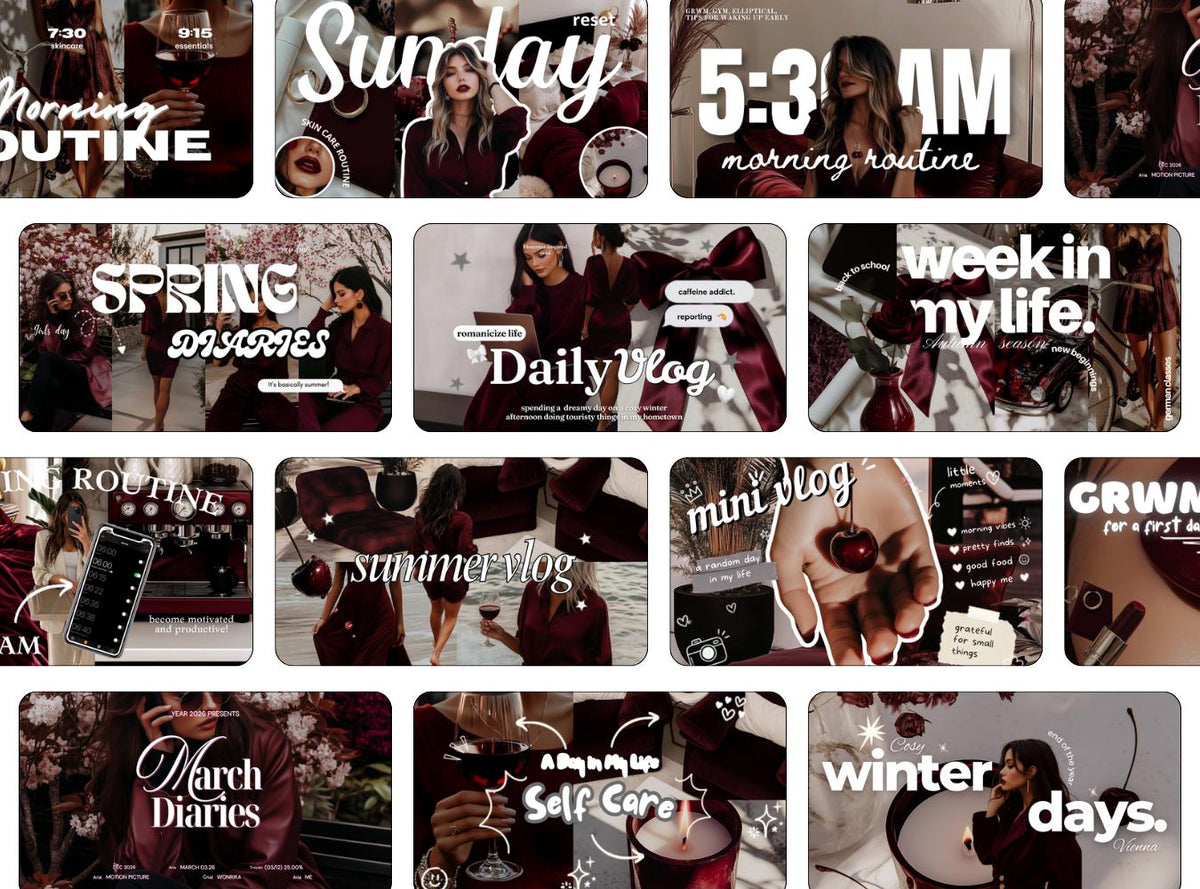 13 Burgundy Youtube Thumbnails Templates | DIY Youtube Thumbnails | Youtube Branding | Dark Moody Templates | Youtube Branding Kit