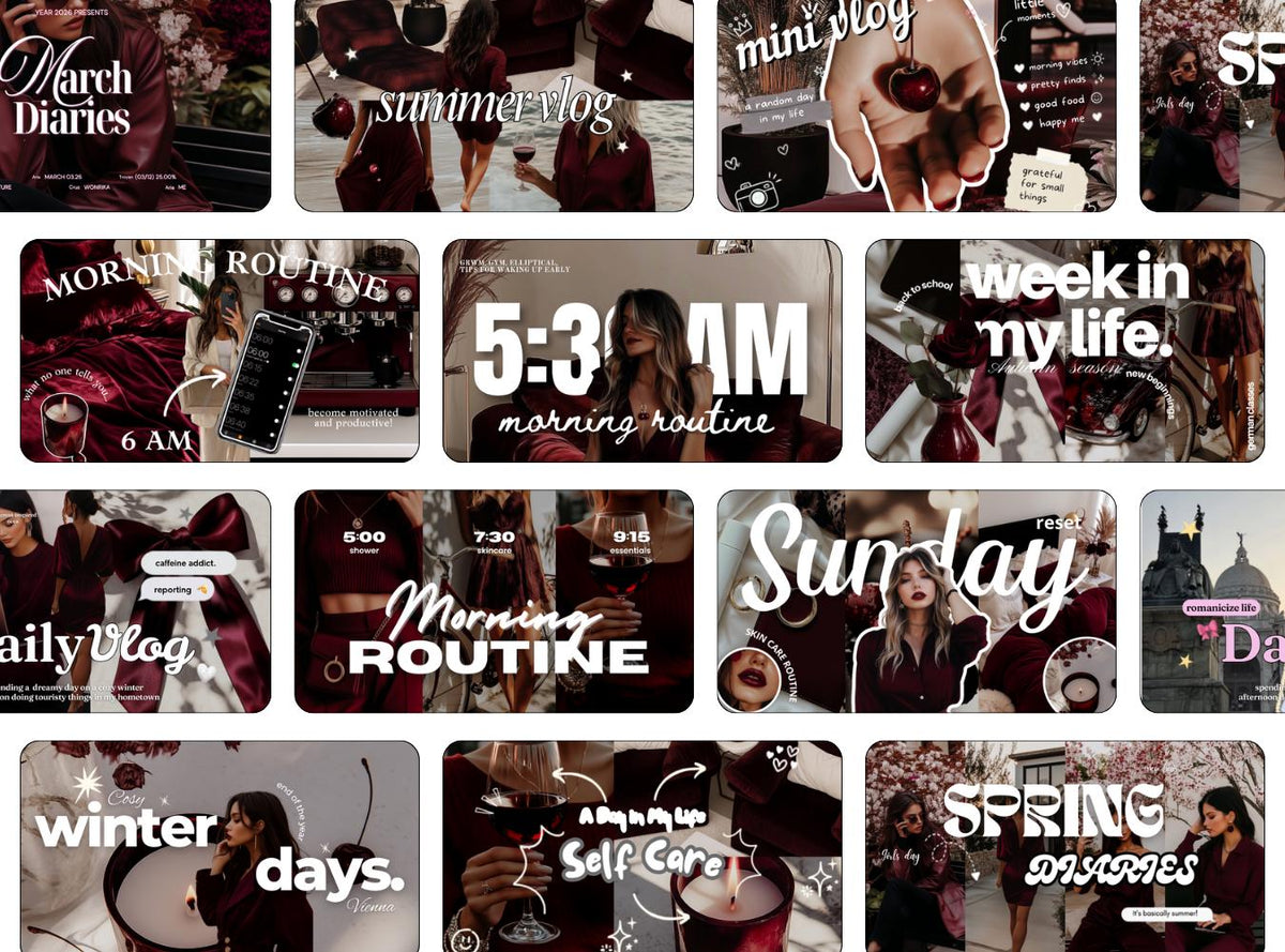 13 Burgundy Youtube Thumbnails Templates | DIY Youtube Thumbnails | Youtube Branding | Dark Moody Templates | Youtube Branding Kit
