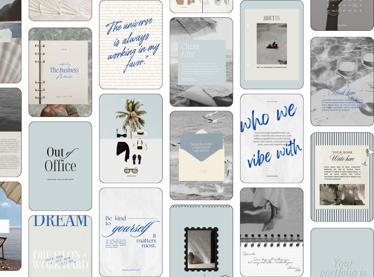 Coastal Instagram Templates for Small Business, Blue Mediterranean Canva Templates, Summer Riviera Quote & Announcement Posts