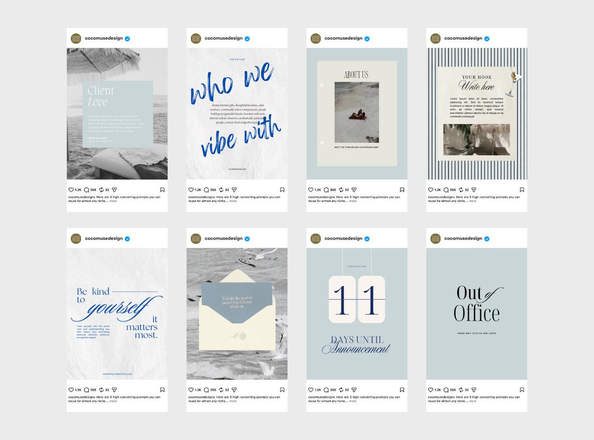 Coastal Instagram Templates for Small Business, Blue Mediterranean Canva Templates, Summer Riviera Quote & Announcement Posts