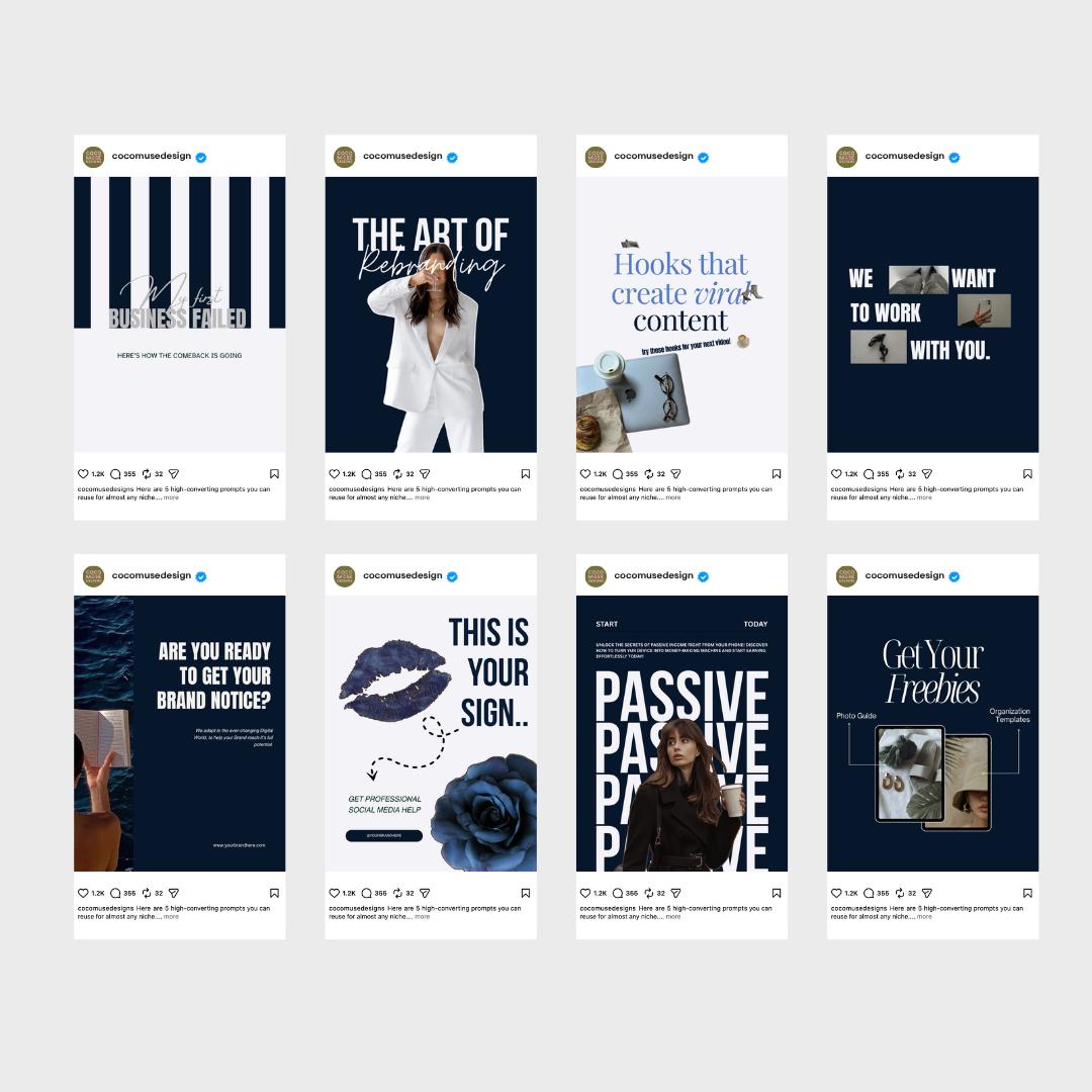 Navy Blue 2026 Instagram Templates | Aesthetic Canva Templates for Any Niche | Editable Social Media Templates | editorial IG Modern Feed