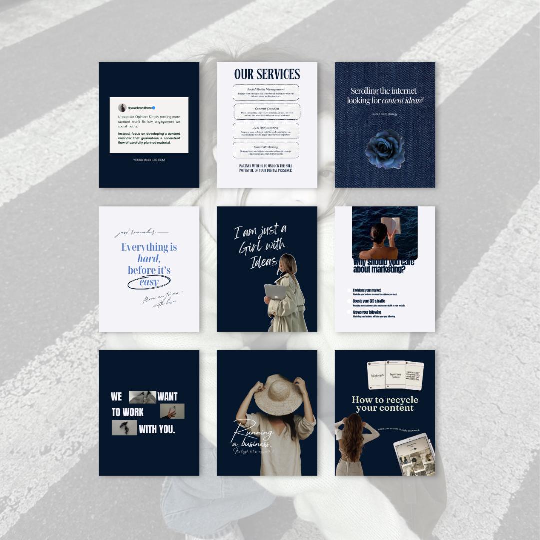 Navy Blue 2026 Instagram Templates | Aesthetic Canva Templates for Any Niche | Editable Social Media Templates | editorial IG Modern Feed