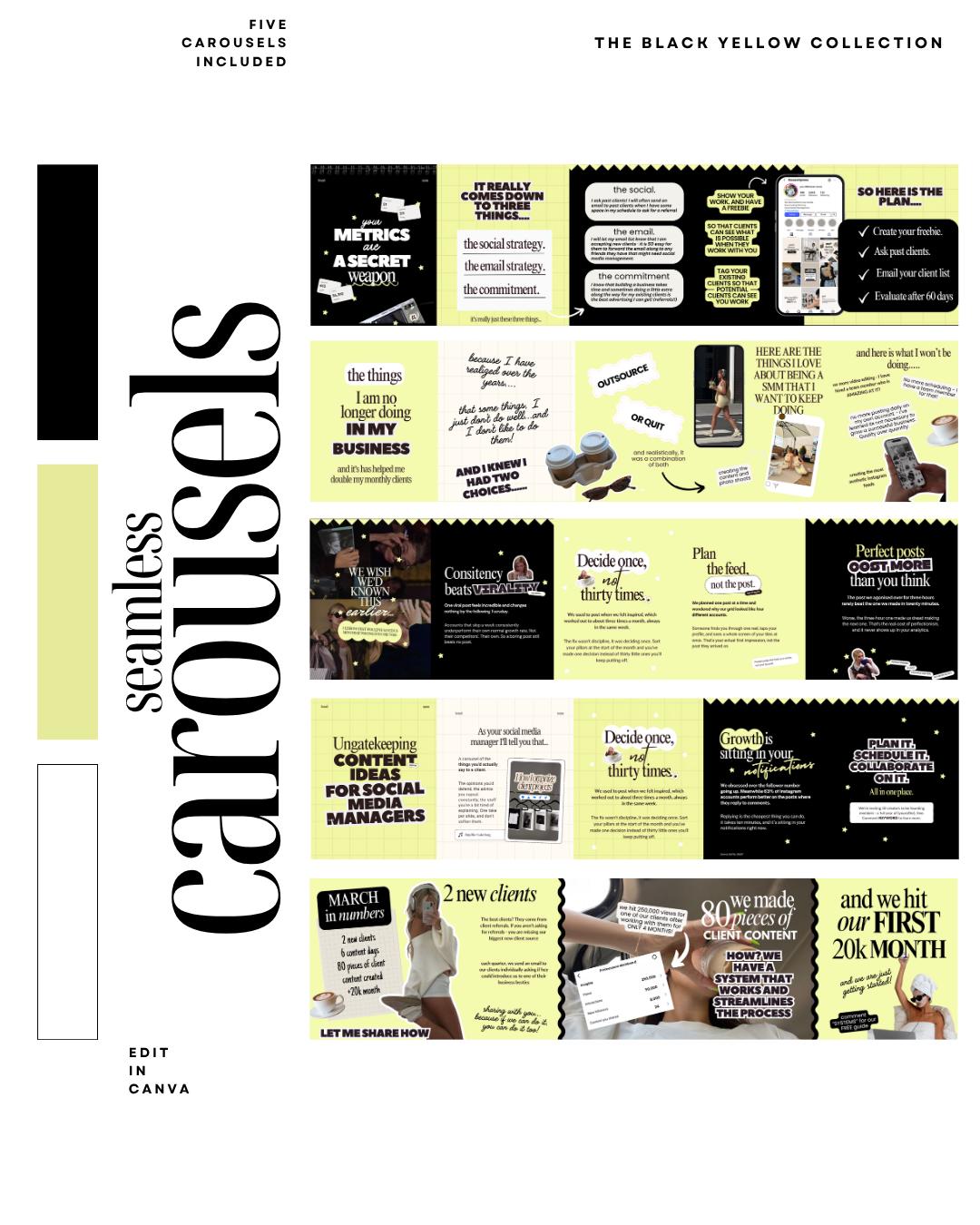 Seamless Instagram Carousel Post Templates - Social Media Manager Templates - Seamless Carousels - Portrait Instagram Posts - Lime Black