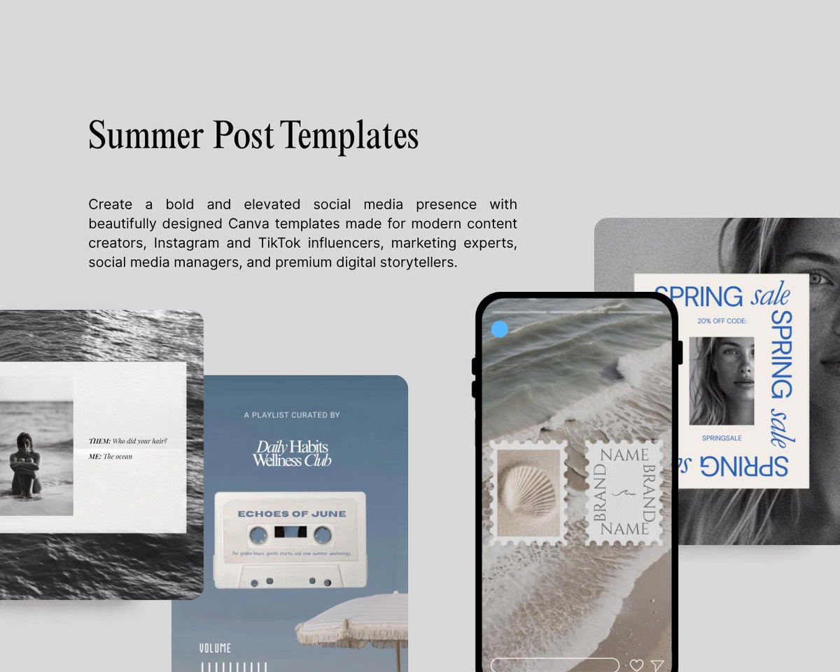 Coastal Summer Instagram Templates Canva, Trending Design, Social Media Kit Posts Carousels for Creators and Travel Content [Editable