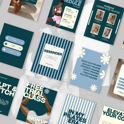Pilates Instagram Templates | Studio & Instructor Social Media (Canva) Blue, Green, Yellow