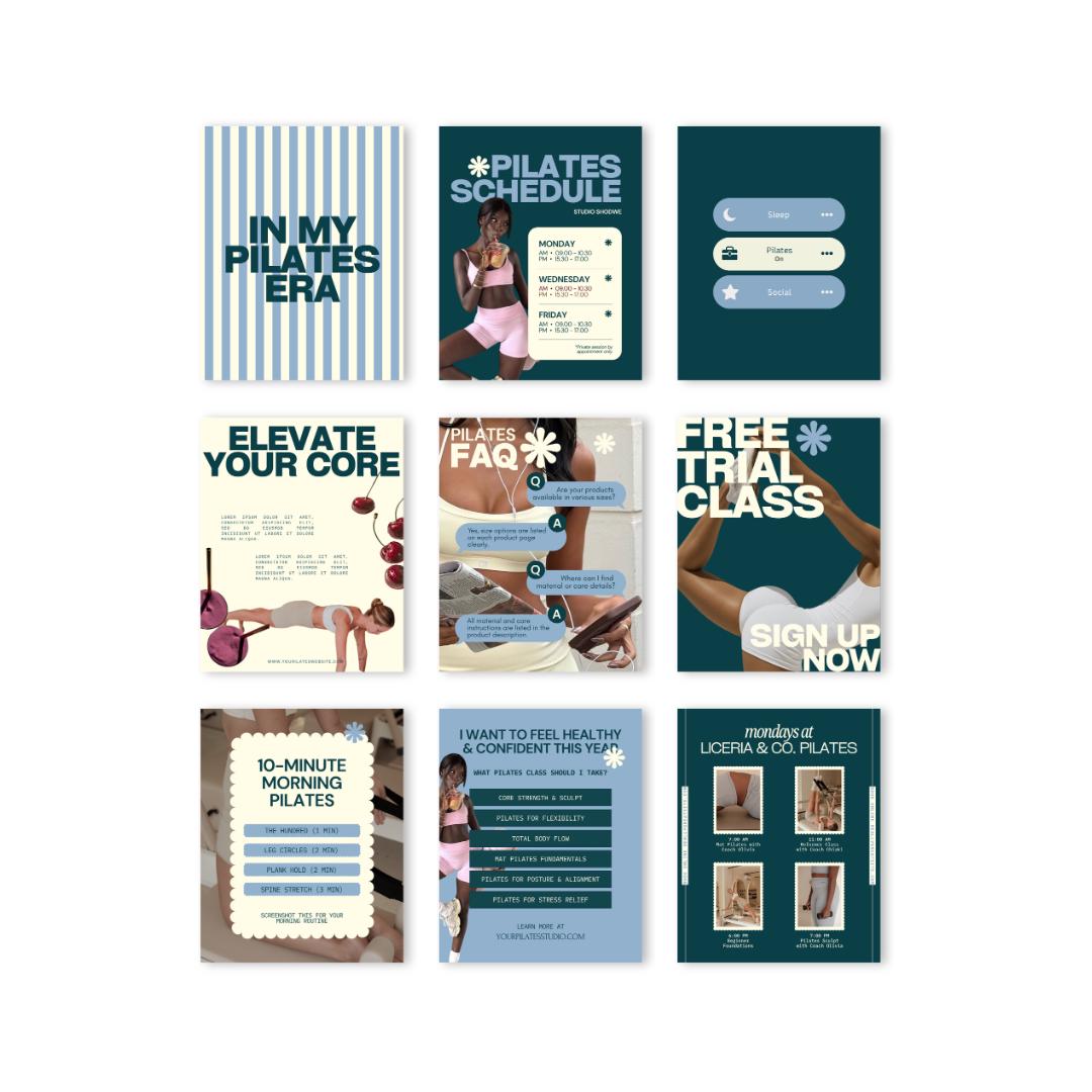 Pilates Instagram Templates | Studio & Instructor Social Media (Canva) Blue, Green, Yellow