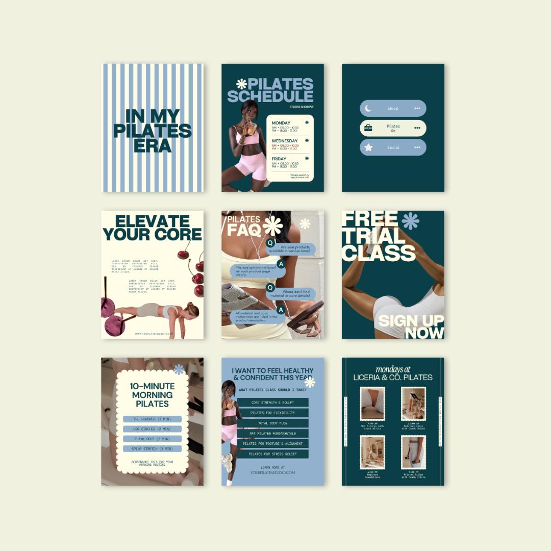 Pilates Instagram Templates | Studio & Instructor Social Media (Canva) Blue, Green, Yellow