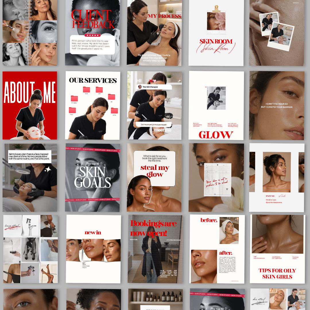 Bold Red Esthetician Instagram Templates, Skin Clinic Booking Posts (25 Pack)