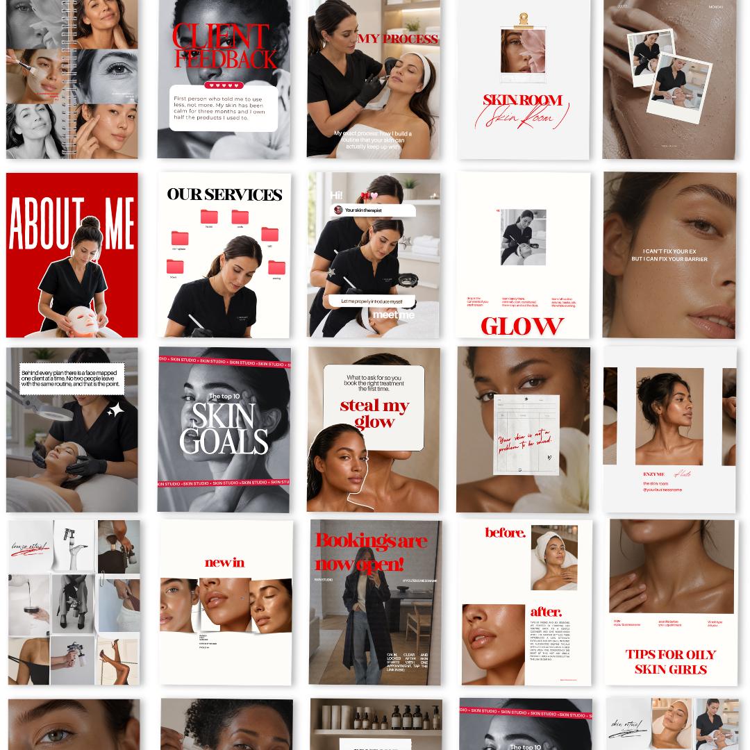 Bold Red Esthetician Instagram Templates, Skin Clinic Booking Posts (25 Pack)