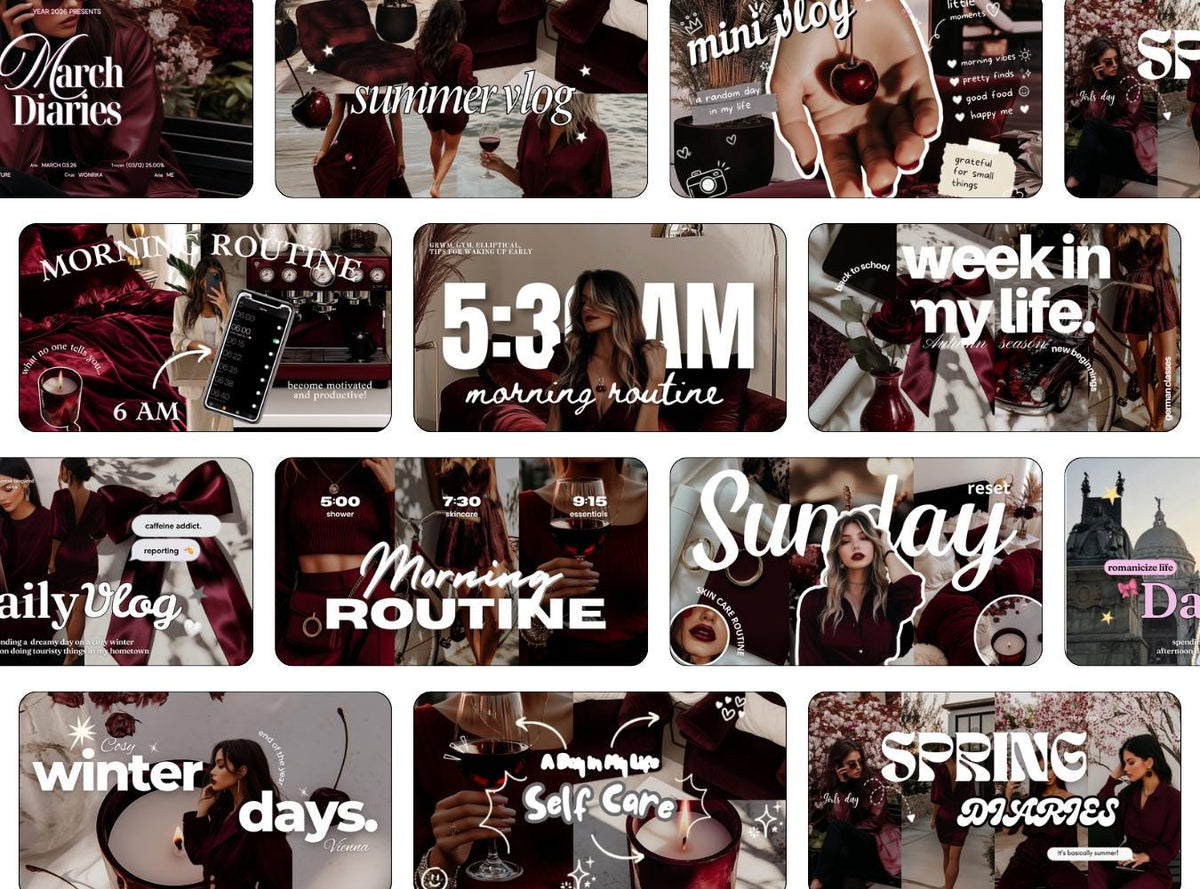 Dark Moody Burgundy YouTube Thumbnails | Canva Branding Kit (13 Templates)