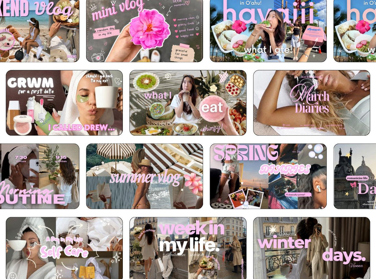 YouTube Thumbnail Templates for Vloggers, Pink Aesthetic Canva Thumbnails for Lifestyle Creators, Vlog GRWM Travel Routine Covers, 20 Pack