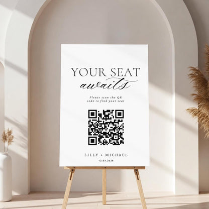 Seating Chart with QR Code Sign Template, Editable Wedding Alphabetical Guest Seating Website, Minimalist Find Your Seat Sign
