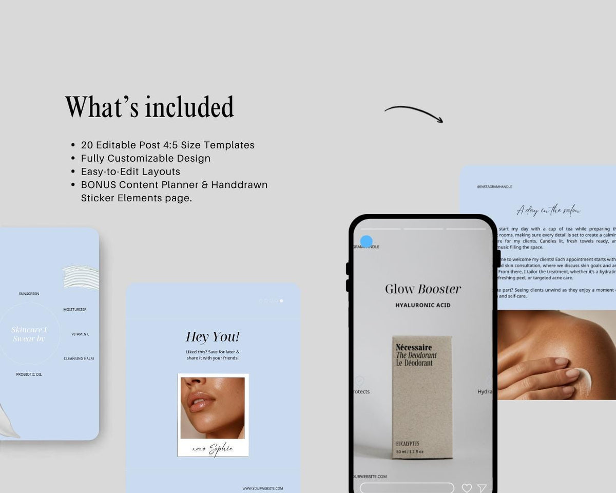 Skincare Instagram Templates, Minimalist Canva Social Media, Digital Download, Medspa Canva Designs, Esthetician Posts | Baby Blue Instagram