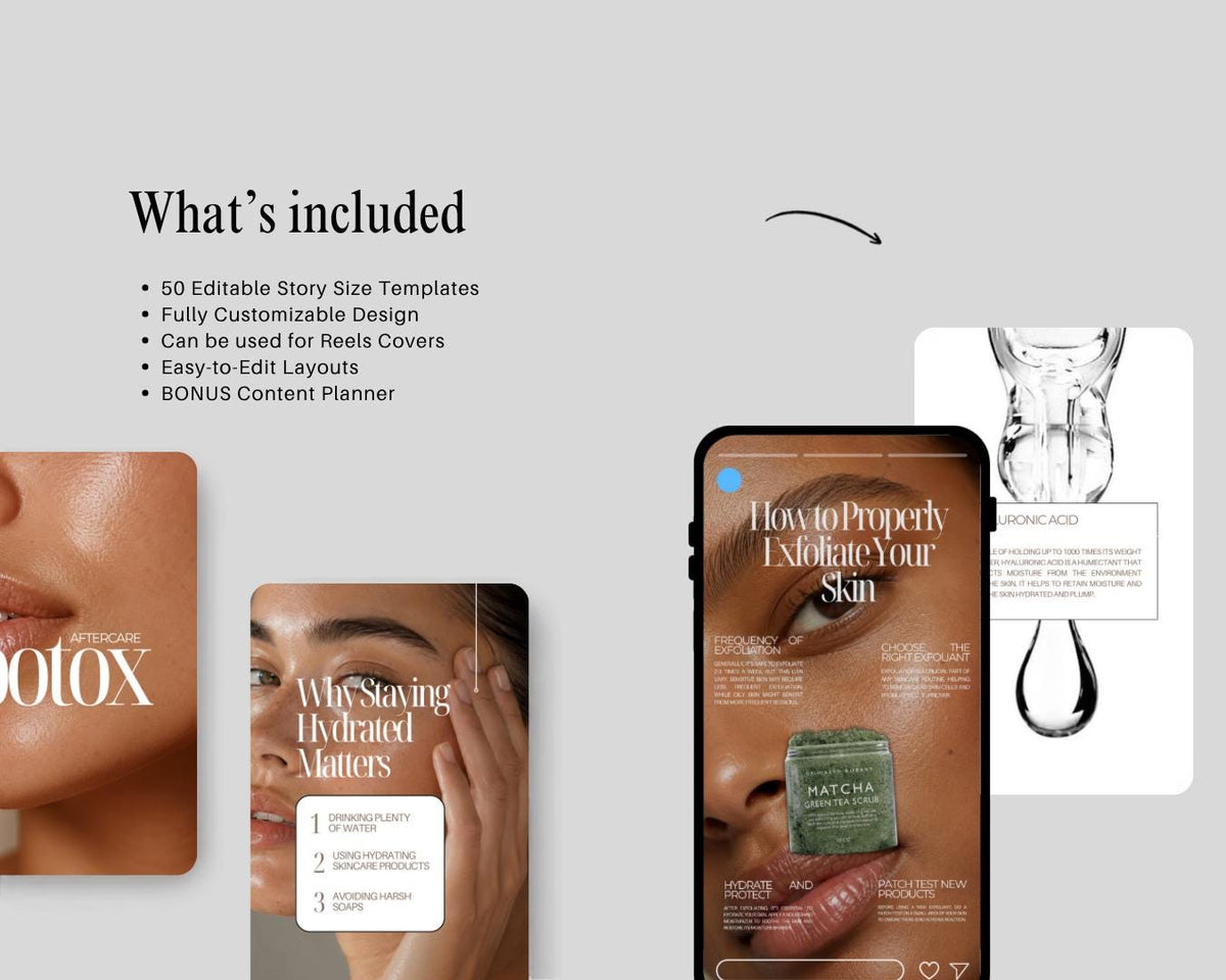 Esthetician Instagram Story Templates | Skincare Education Canva Templates | Medspa & Skincare Clinic Social Media Bundle | 50 Templates