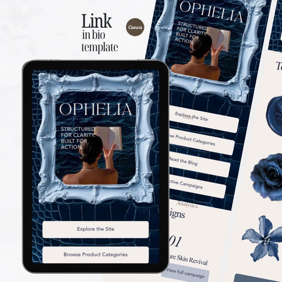 Link in Bio Template | Old Money Editorial Canva Template | Dark Navy Luxury Website Bio Page | Editable Small Business Kit