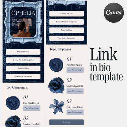 Link in Bio Template | Old Money Editorial Canva Template | Dark Navy Luxury Website Bio Page | Editable Small Business Kit