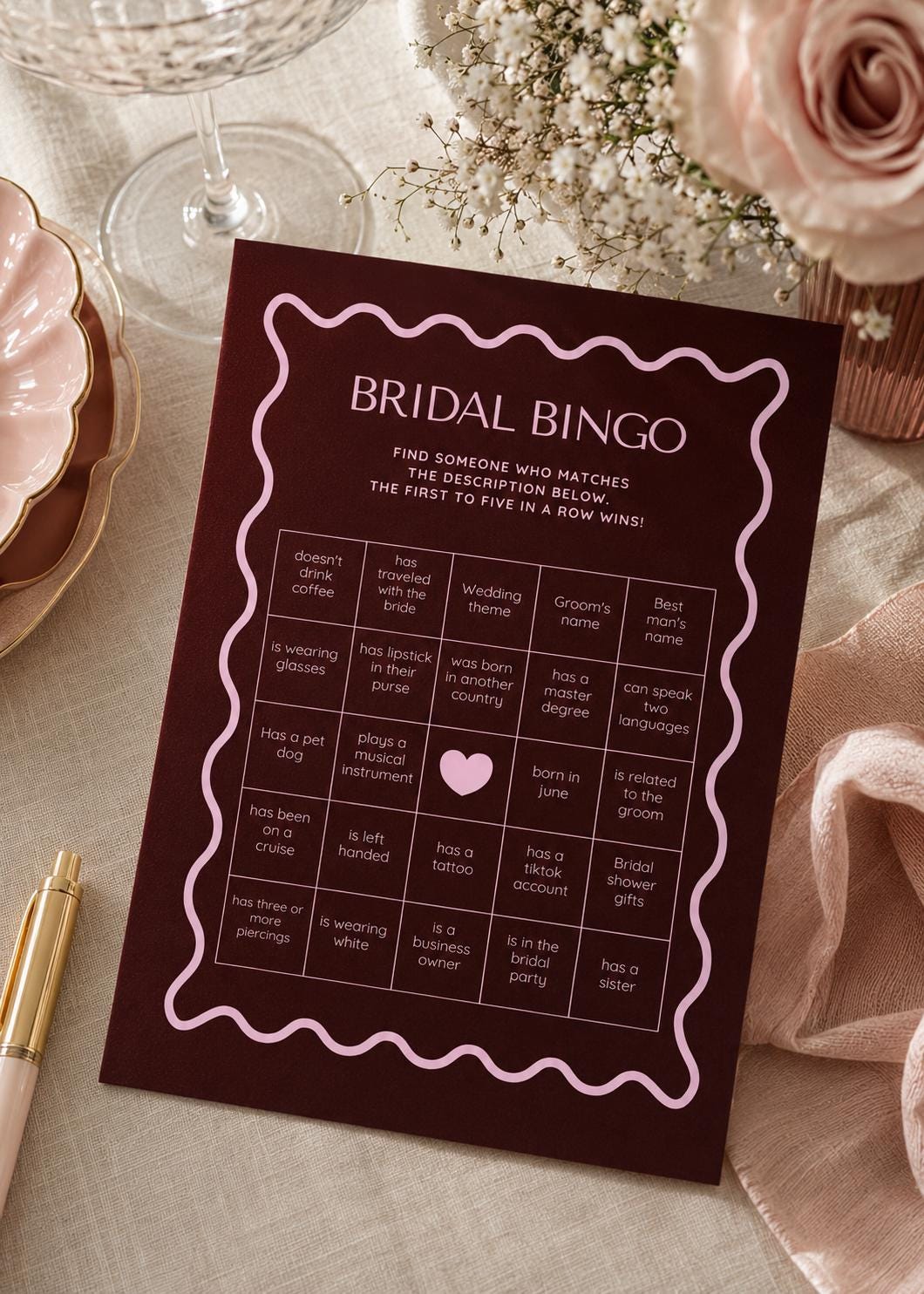 Bridal Bingo Game | Bachelorette Hens Party Activity | Pink Burgundy (Instant Download)