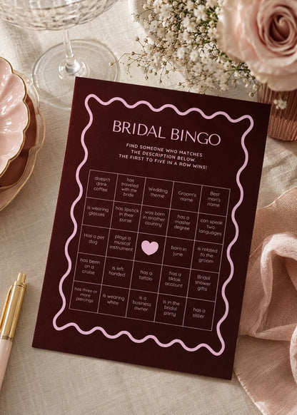 Bridal Bingo Game | Bachelorette Hens Party Activity | Pink Burgundy (Instant Download)